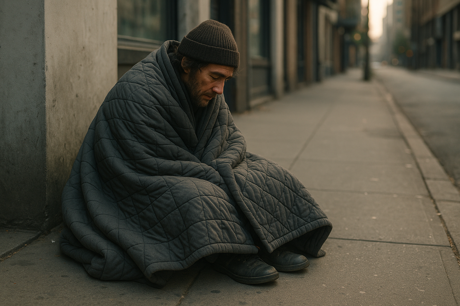 Homeless on street with weighted blanket